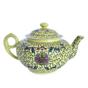 1972 Chinese Famille Juane Yellow Floral Enamel Jingdezhen Squat China Teapot